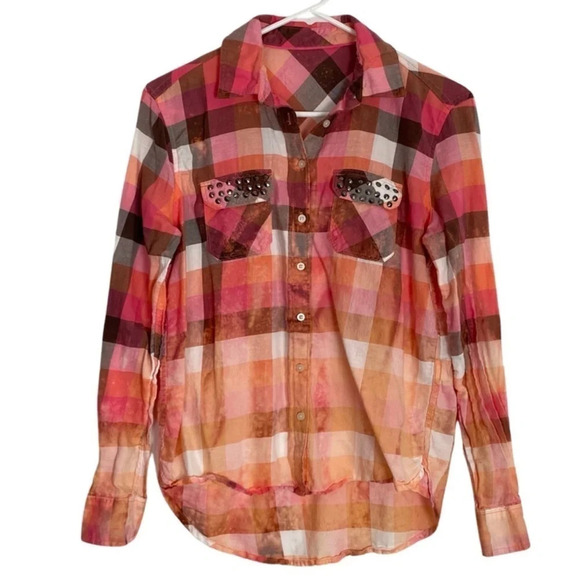 Upcycled Flannel Shirt Womens Size Small Ombré Custom Bleached Plaid Button Down - Picture 1 of 9